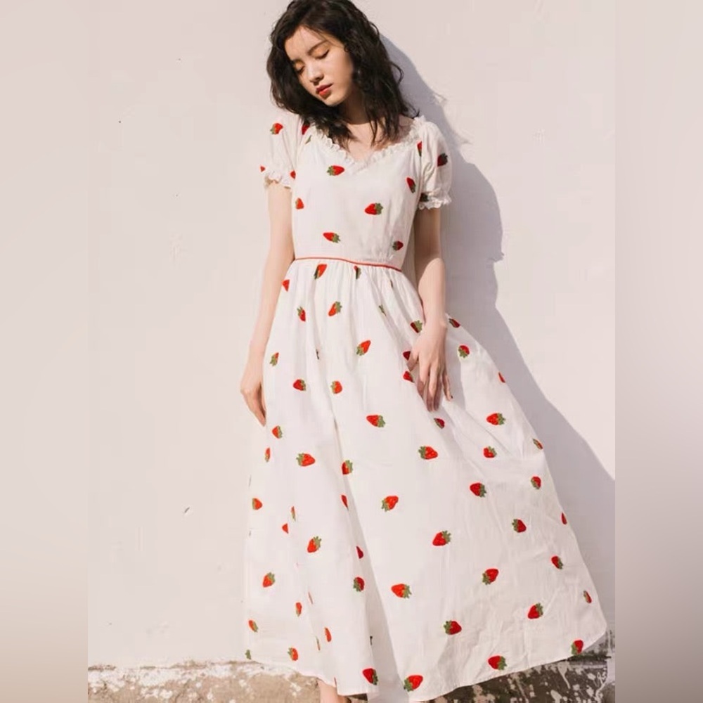 Strawberry Embroidered Cotton cottagecore Midi Dress, XS/small